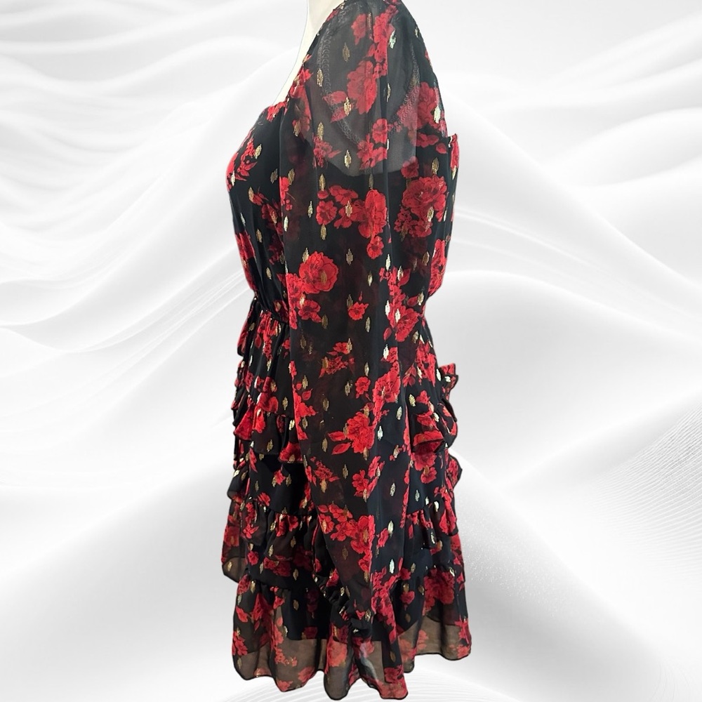 City Studio Womens Juniors Red Black Gold Floral Print Square Neck Dress Small - Picture 4 of 9